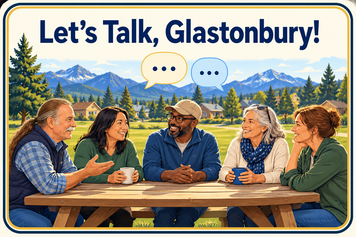 Glastonbury neighbors enjoying a friendly conversation around a picnic table.